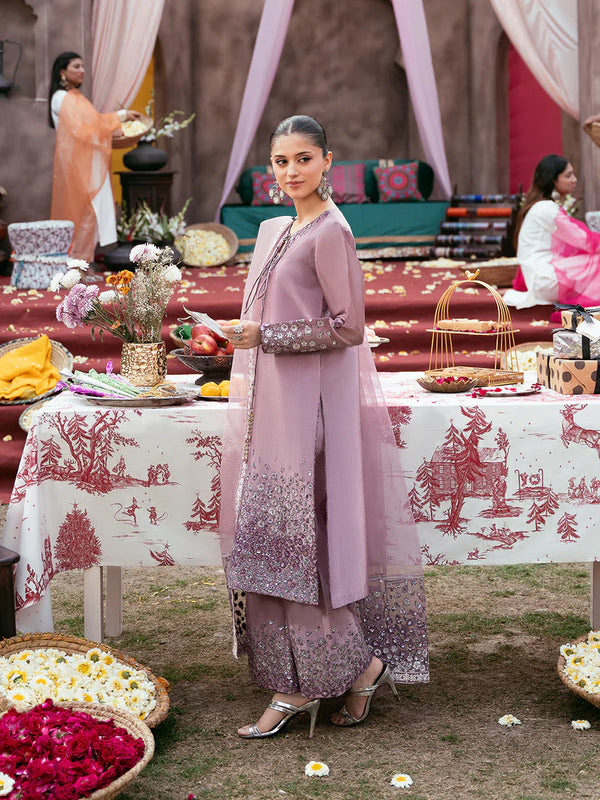 Luxury Silk Embroidered 3 Piece Suit with Organza Dupatta & Sequin Palazzo Pants