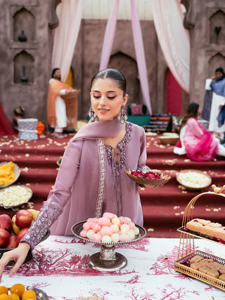 Luxury Silk Embroidered 3 Piece Suit with Organza Dupatta & Sequin Palazzo Pants