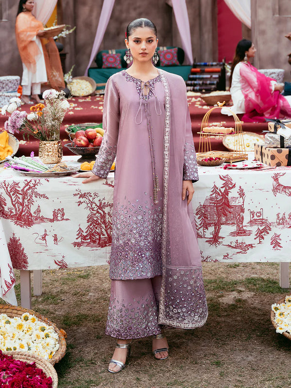 Luxury Silk Embroidered 3 Piece Suit with Organza Dupatta & Sequin Palazzo Pants