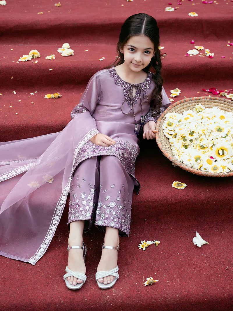 Kids Silk Sequin Embroidered 3-Piece Outfit with Organza Dupatta
