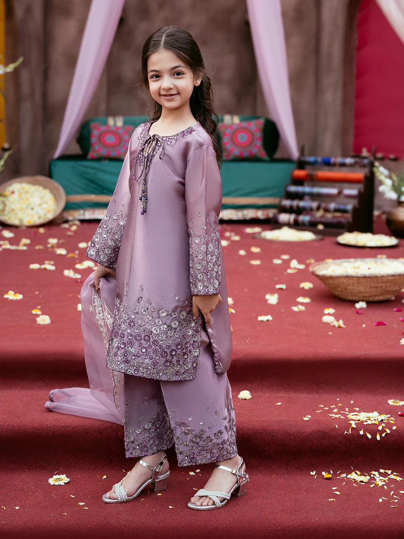 Kids Silk Sequin Embroidered 3-Piece Outfit with Organza Dupatta
