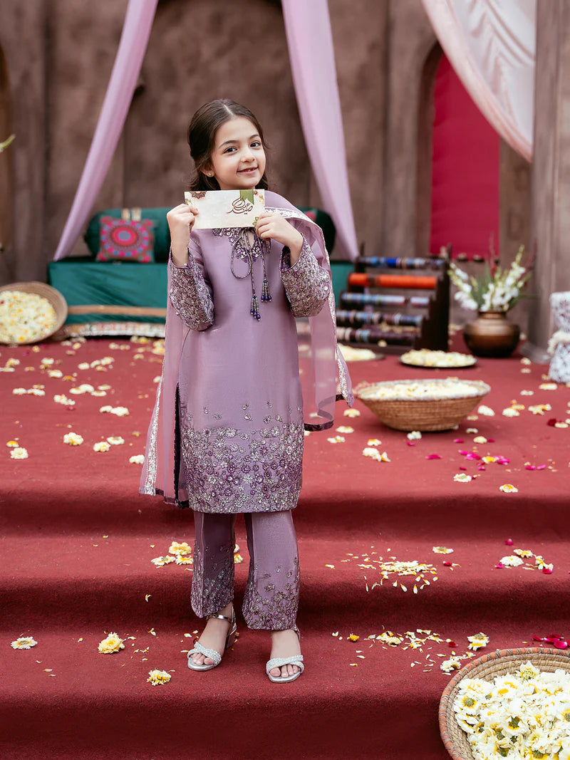 Kids Silk Sequin Embroidered 3-Piece Outfit with Organza Dupatta