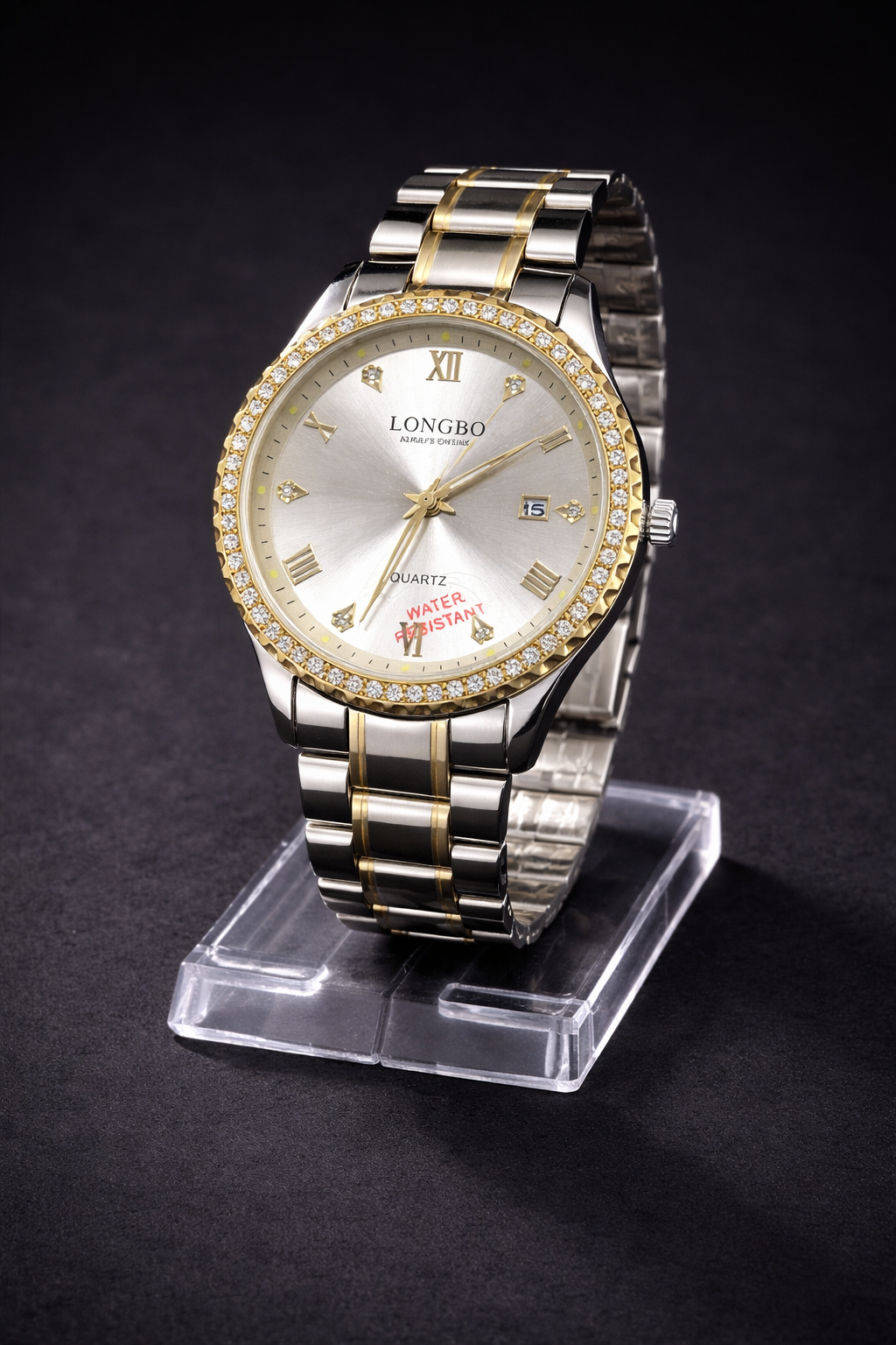 LONGBO 83480 Crystal Bezel Watch – Two-Tone Silver & Gold Stainless Steel Luxury Men Wrist watch