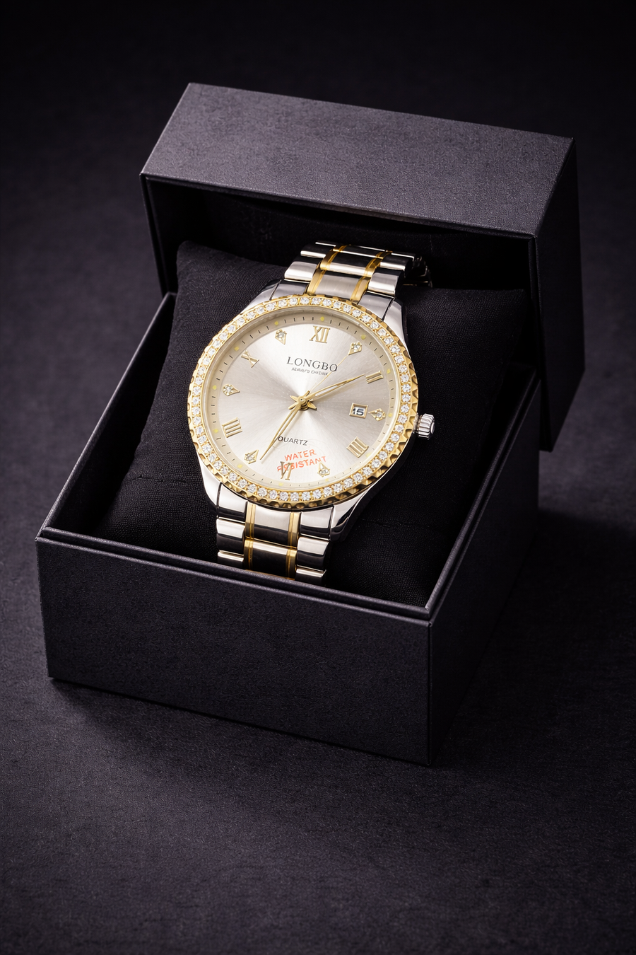LONGBO 83480 Crystal Bezel Watch – Two-Tone Silver & Gold Stainless Steel Luxury Men Wrist watch
