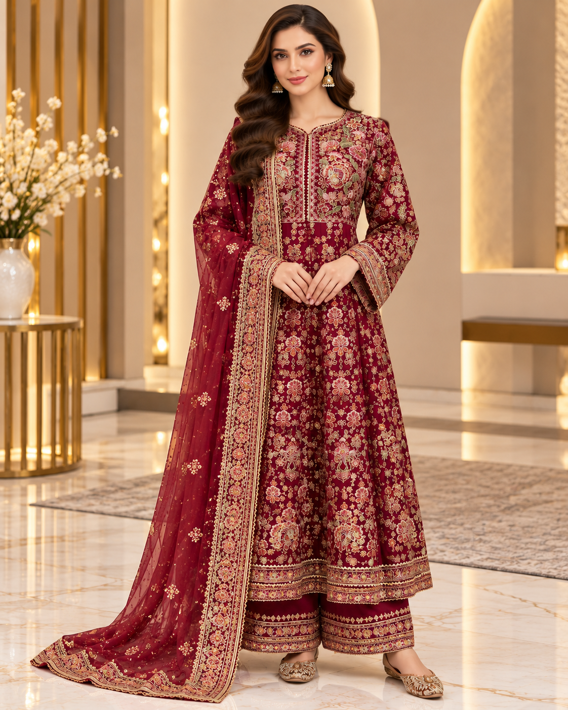 Maroon Embroidered Anarkali Long Frock for Women – Luxury Pakistani Formal & Wedding Wear