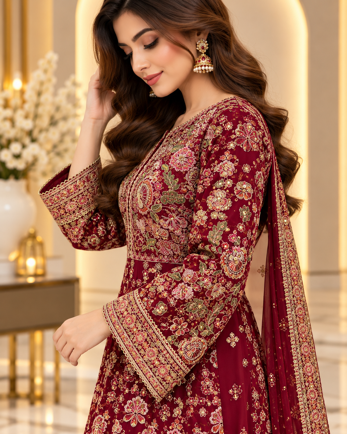 Maroon Embroidered Anarkali Long Frock for Women – Luxury Pakistani Formal & Wedding Wear