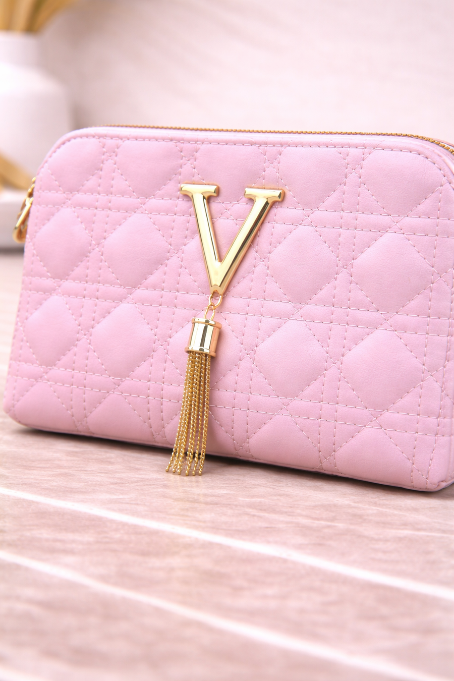 Luxury  Quilted Crossbody Handbag with Gold V Emblem