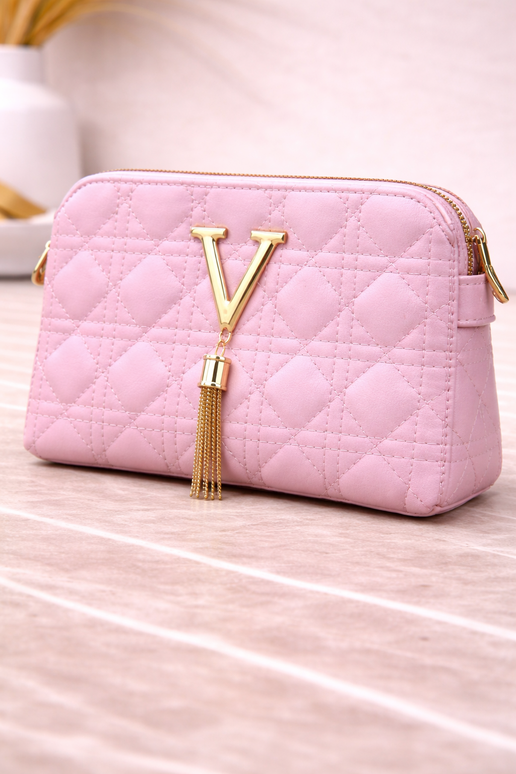 Luxury  Quilted Crossbody Handbag with Gold V Emblem