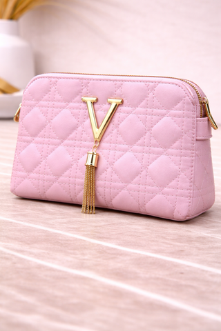 Luxury  Quilted Crossbody Handbag with Gold V Emblem