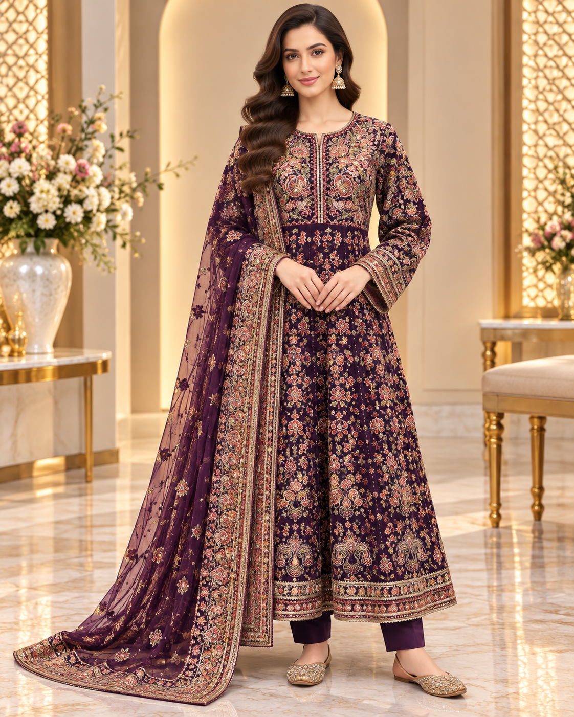 Maroon Embroidered Anarkali Long Frock for Women – Luxury Pakistani Formal & Wedding Wear