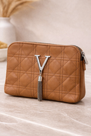 Luxury  Quilted Crossbody Handbag with Gold V Emblem