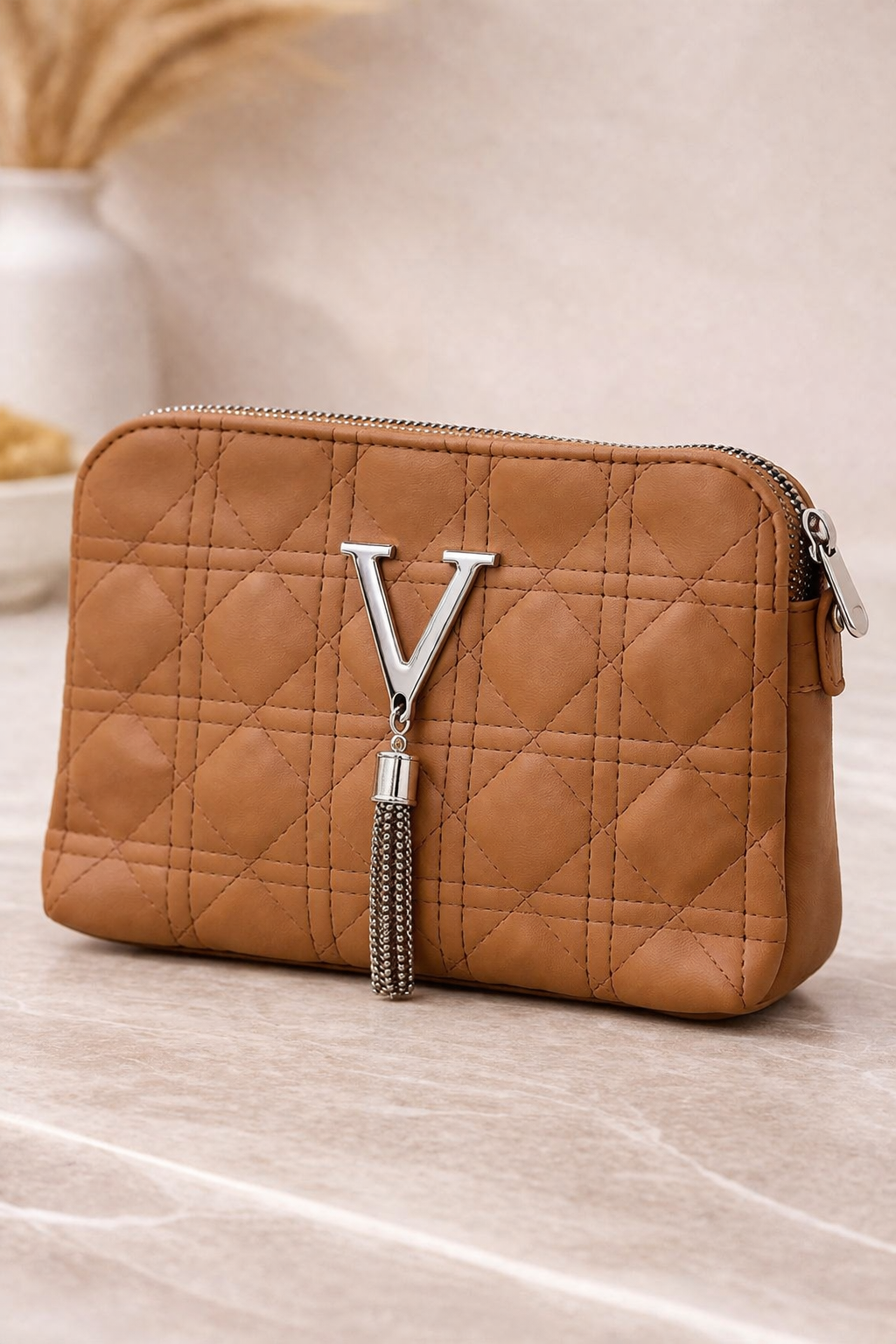 Luxury  Quilted Crossbody Handbag with Gold V Emblem