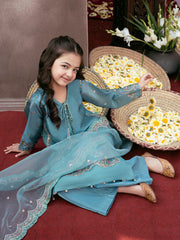 Kids Silk Sequin Embroidered 3-Piece Set with Organza Dupatta & Tassels