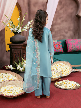 Kids Silk Sequin Embroidered 3-Piece Set with Organza Dupatta & Tassels