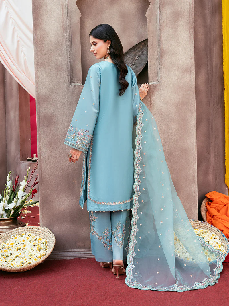 Premium Silk 3 Piece Suit with Spangle Embroidery & Organza Dupatta