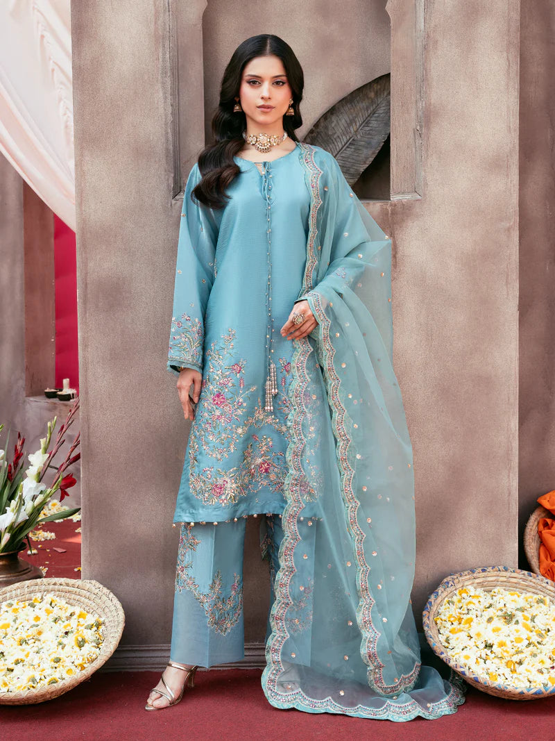 Premium Silk 3 Piece Suit with Spangle Embroidery & Organza Dupatta