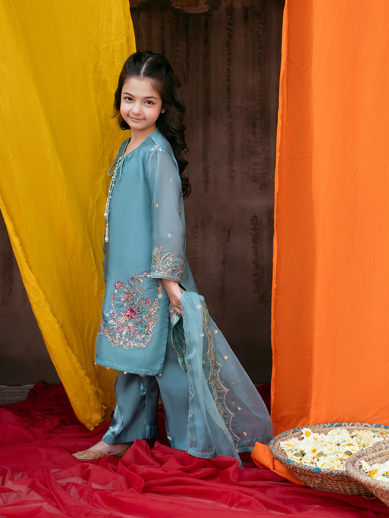 Kids Silk Sequin Embroidered 3-Piece Set with Organza Dupatta & Tassels