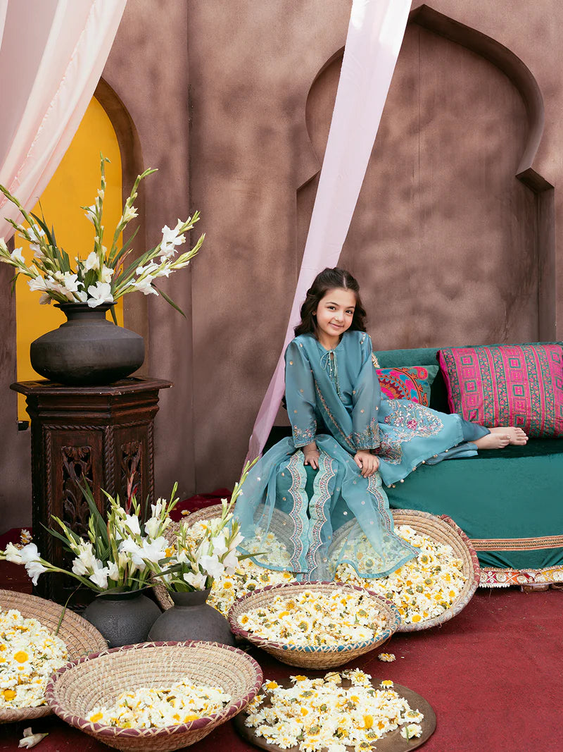 Kids Silk Sequin Embroidered 3-Piece Set with Organza Dupatta & Tassels