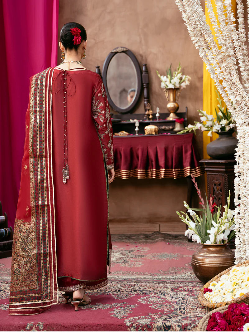 Luxury Silk Embroidered 3-Piece Suit with Organza Dupatta & Palazzo Pants