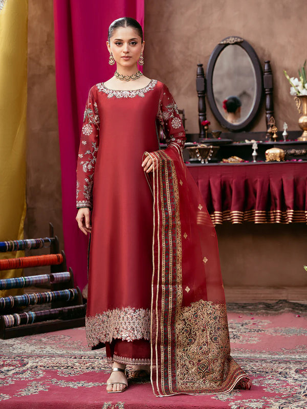 Luxury Silk Embroidered 3-Piece Suit with Organza Dupatta & Palazzo Pants