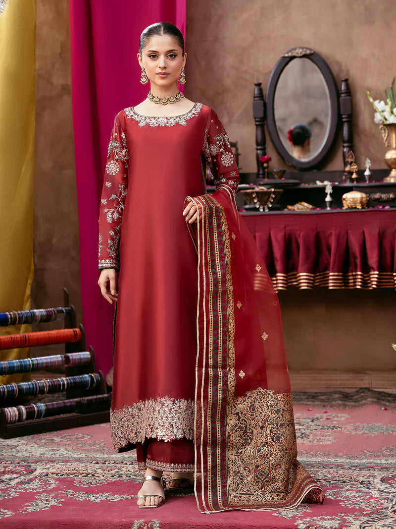 Luxury Silk Embroidered 3-Piece Suit with Organza Dupatta & Palazzo Pants
