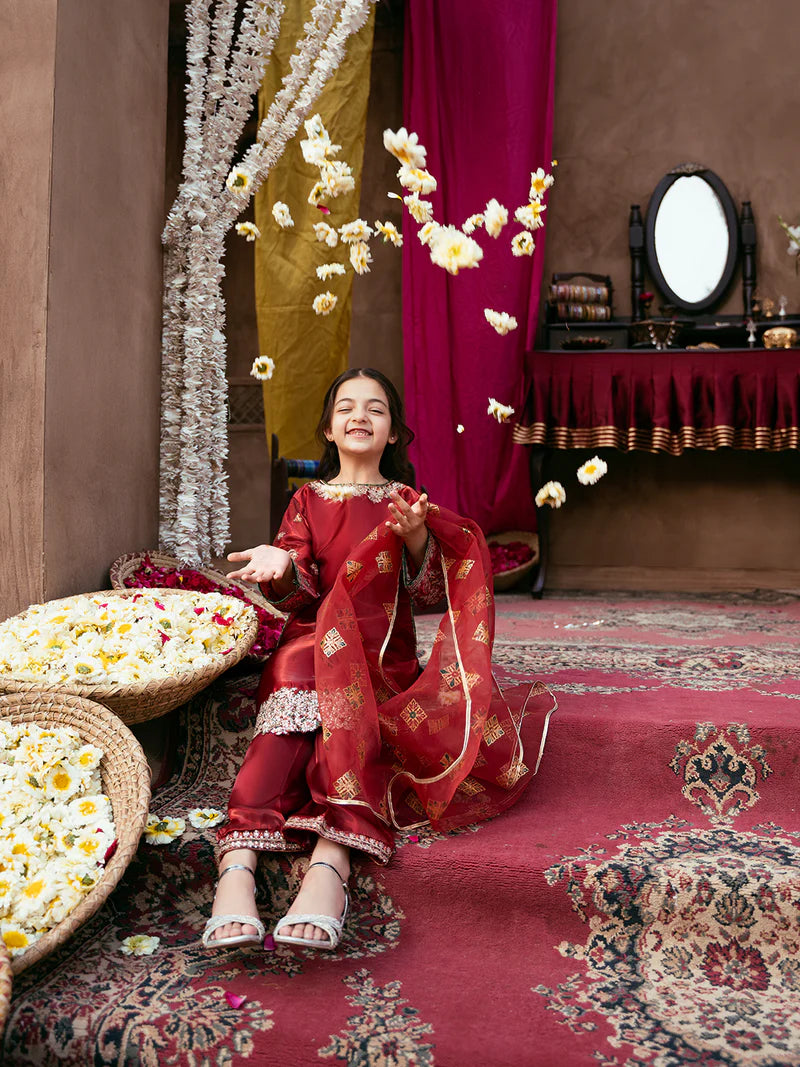 Kids Luxury Silk 3-Piece Set with Sequin Embroidery & Organza Dupatta