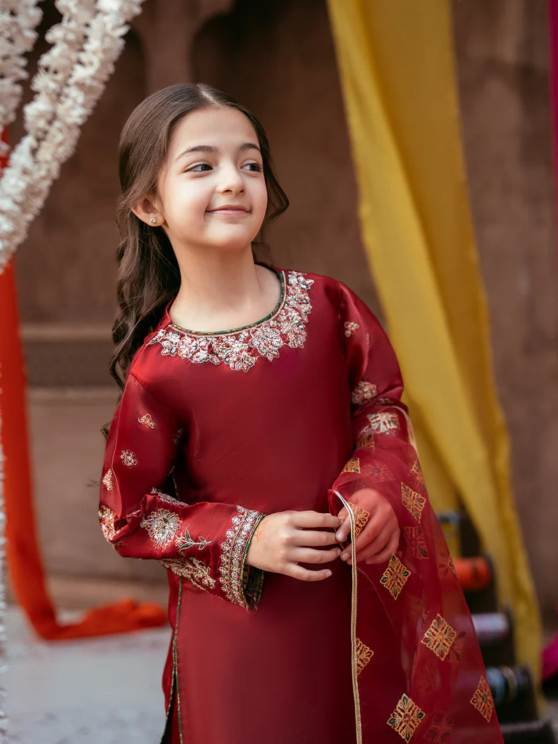 Kids Luxury Silk 3-Piece Set with Sequin Embroidery & Organza Dupatta