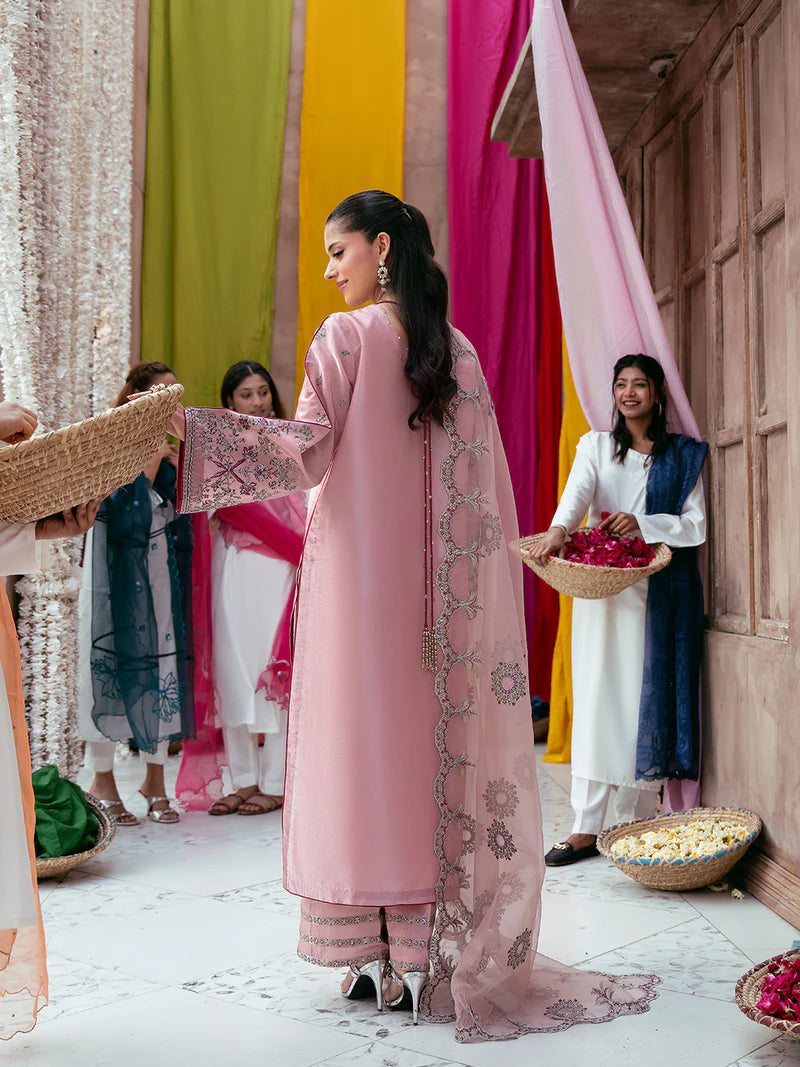 Elegant Silk 3 Piece Suit with Spangle Embroidery & Organza Dupatta