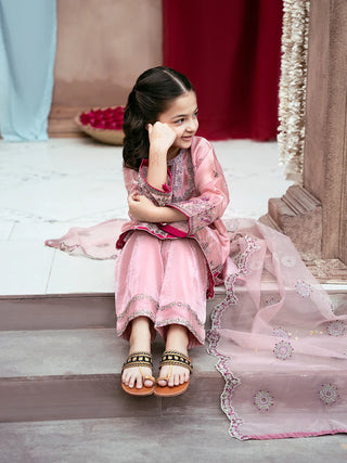 Kids Silk Sequin Embroidered 3-Piece Dress with Tassel Shirt & Net Dupatta