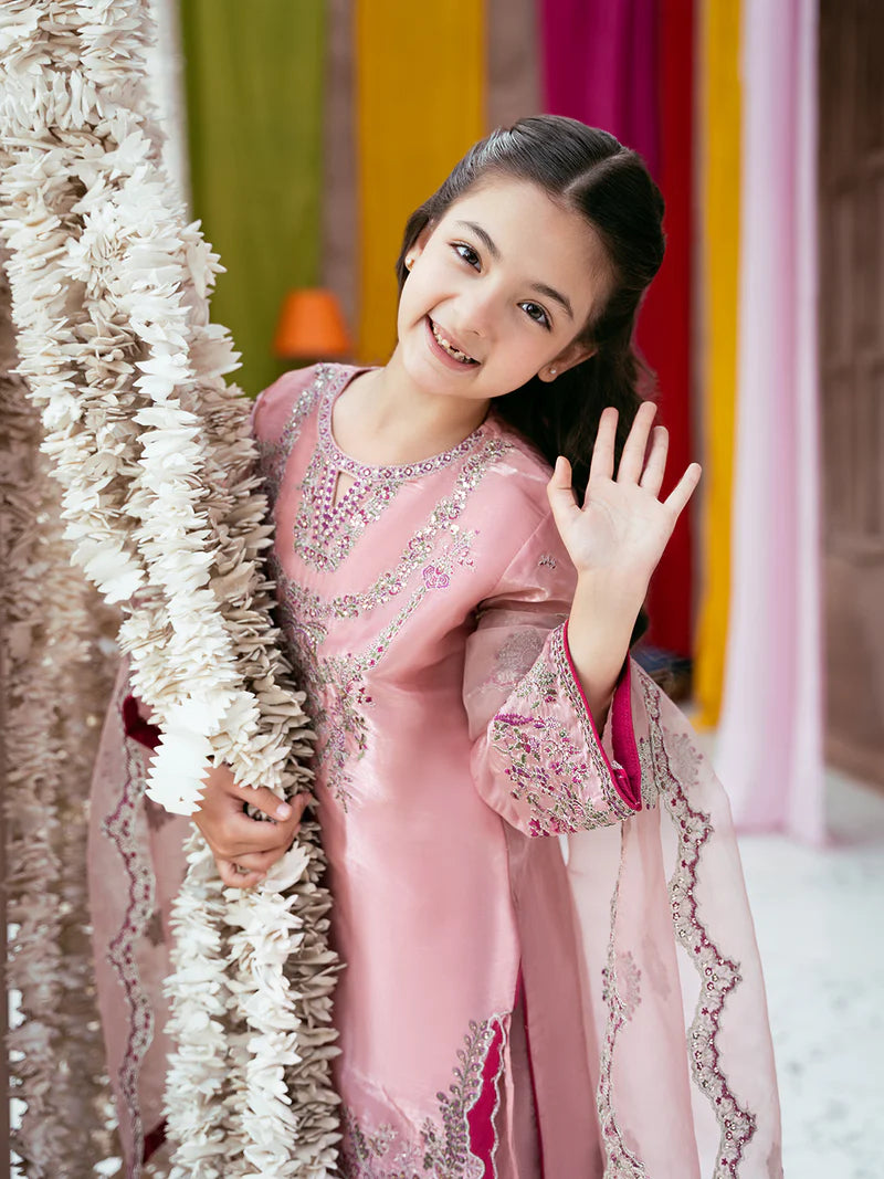 Kids Silk Sequin Embroidered 3-Piece Dress with Tassel Shirt & Net Dupatta