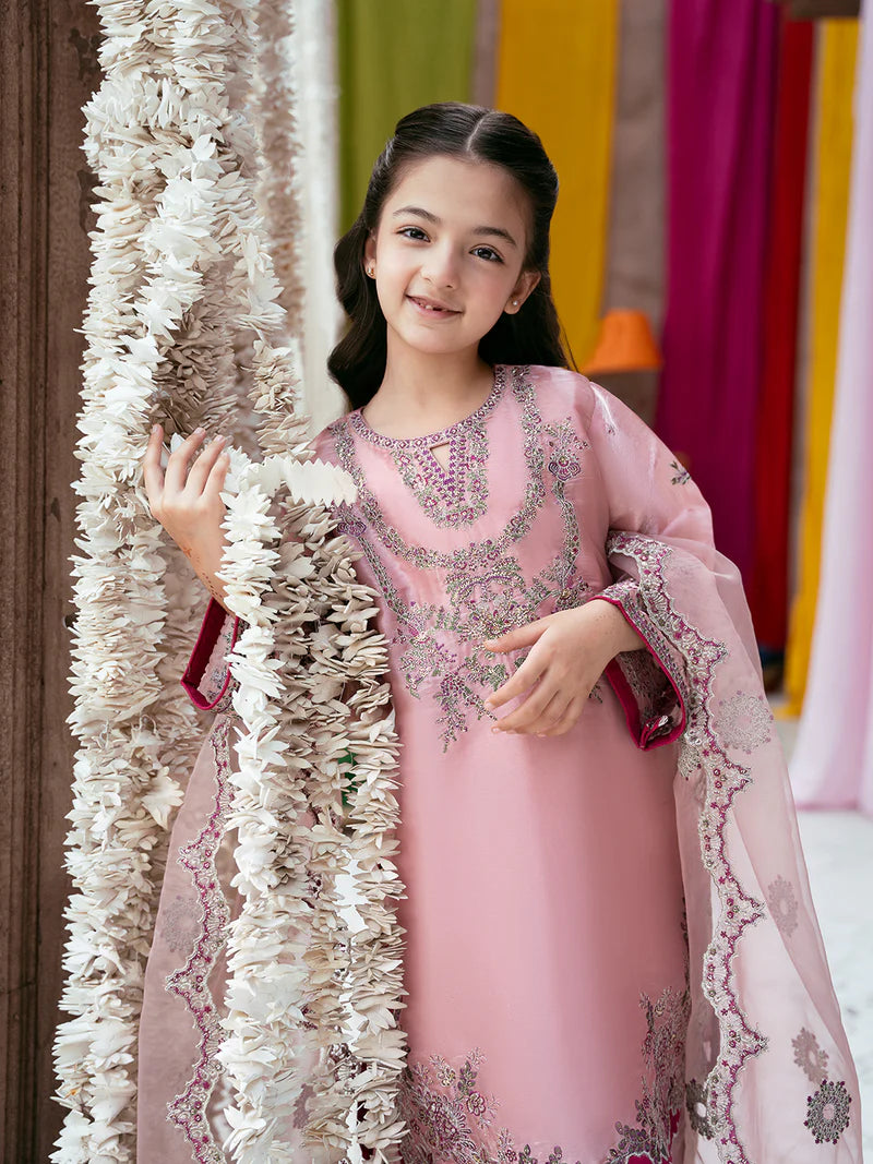 Kids Silk Sequin Embroidered 3-Piece Dress with Tassel Shirt & Net Dupatta