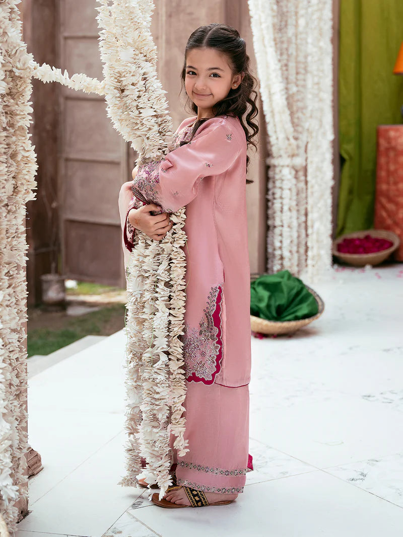 Kids Silk Sequin Embroidered 3-Piece Dress with Tassel Shirt & Net Dupatta