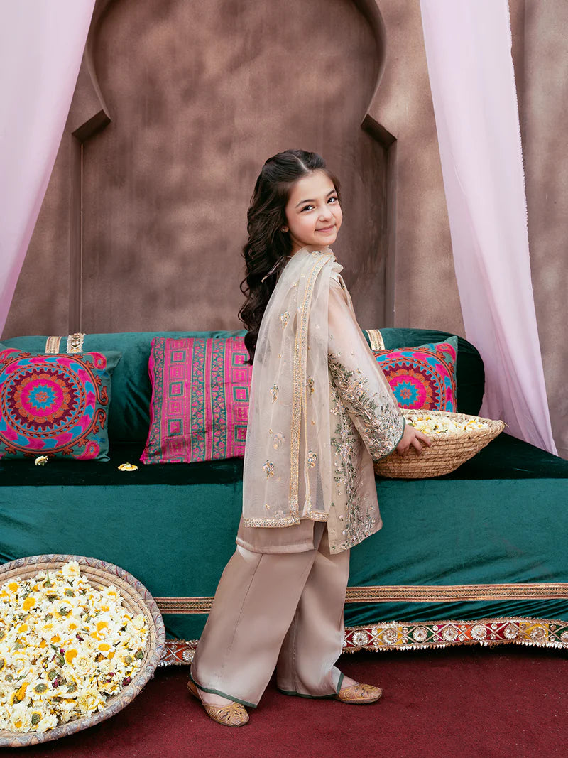 Kids Silk Sequin Embroidered 3-Piece Set with Tassels & Net Dupatta