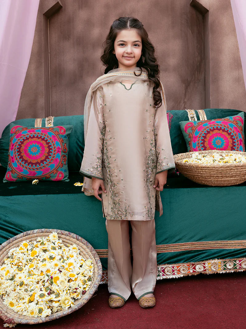 Kids Silk Sequin Embroidered 3-Piece Set with Tassels & Net Dupatta