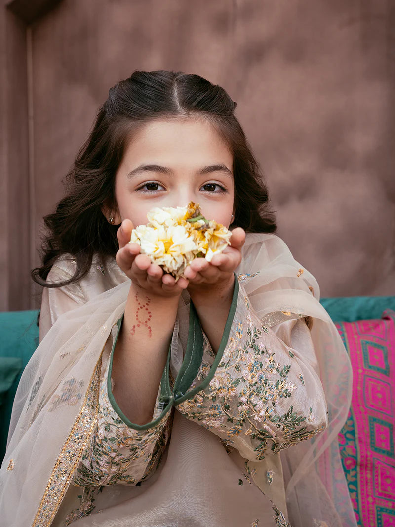 Kids Silk Sequin Embroidered 3-Piece Set with Tassels & Net Dupatta