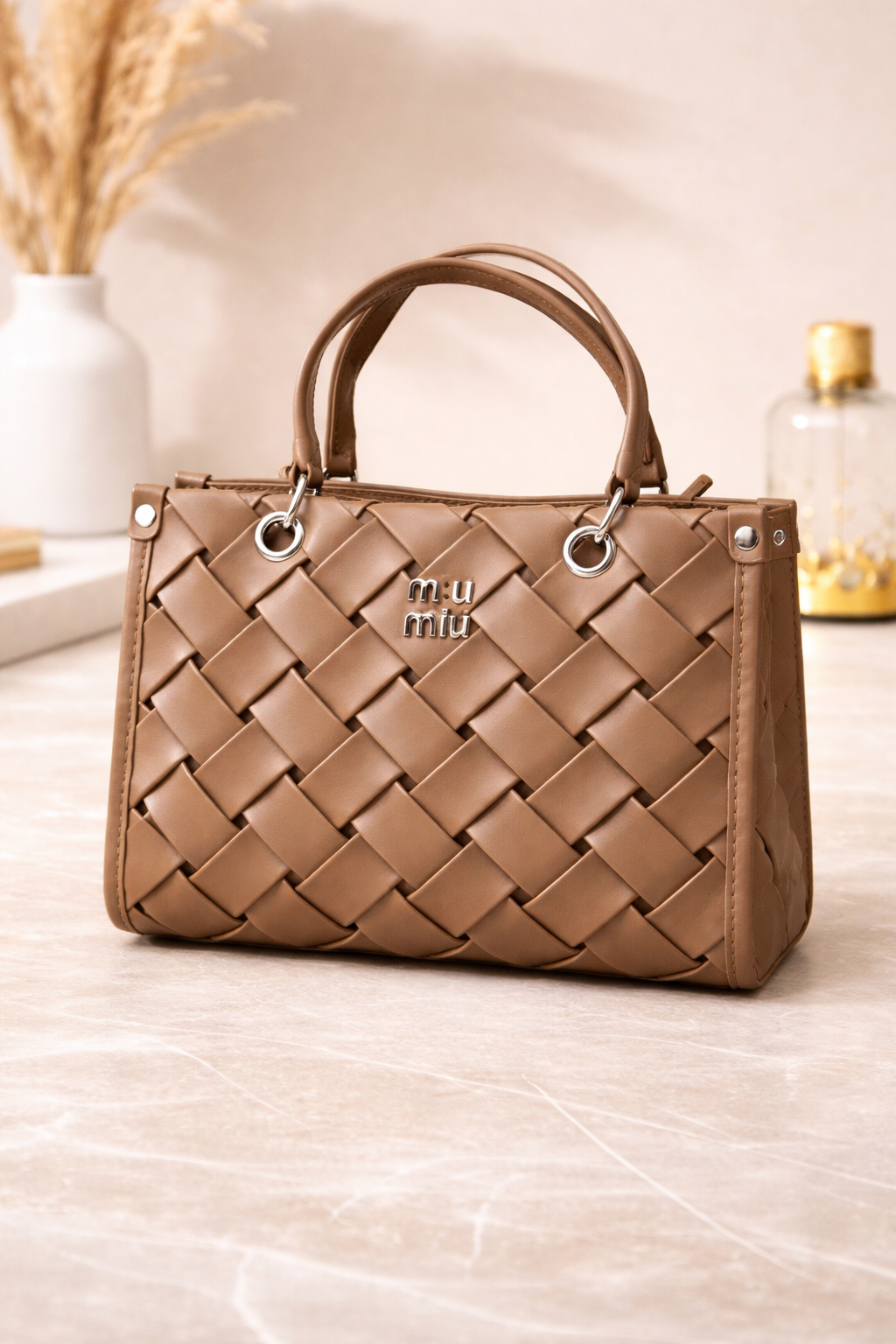 Miu Miu Inspired Intrecciato Woven Leather Ladies Handbag