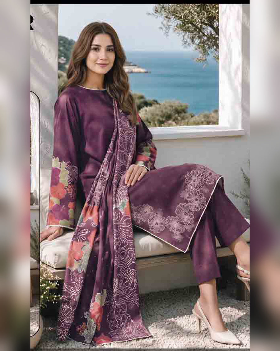 Limelight Paste Printed Khaddar 3 Piece Unstitched Suit with Textured Shawl – Winter Collection