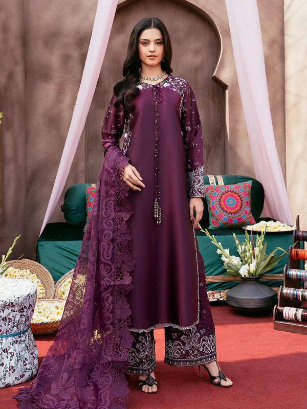 Luxury Silk Embroidered 3 Piece Suit with Organza Dupatta & Palazzo Pants