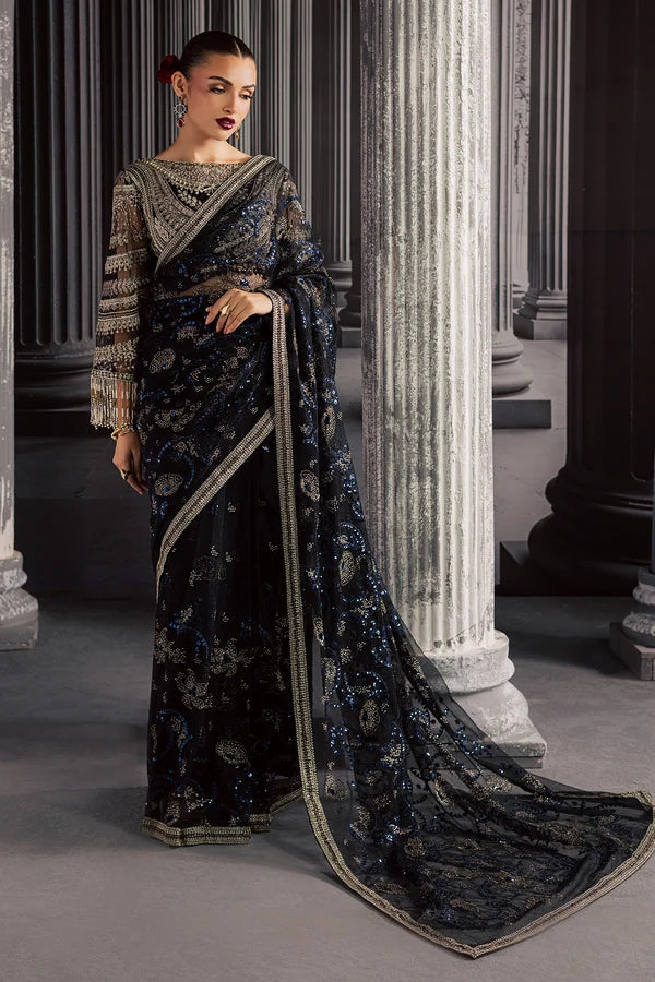 Luxury Hand Embellished Net Saree Style Formal Suit with Raw Silk Trouser