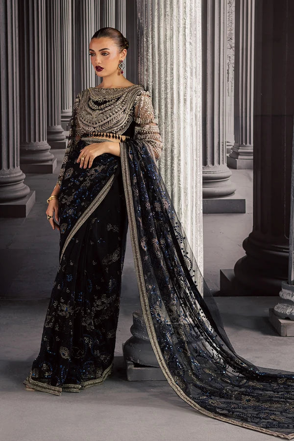 Luxury Hand Embellished Net Saree Style Formal Suit with Raw Silk Trouser