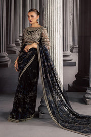 Luxury Hand Embellished Net Saree Style Formal Suit with Raw Silk Trouser