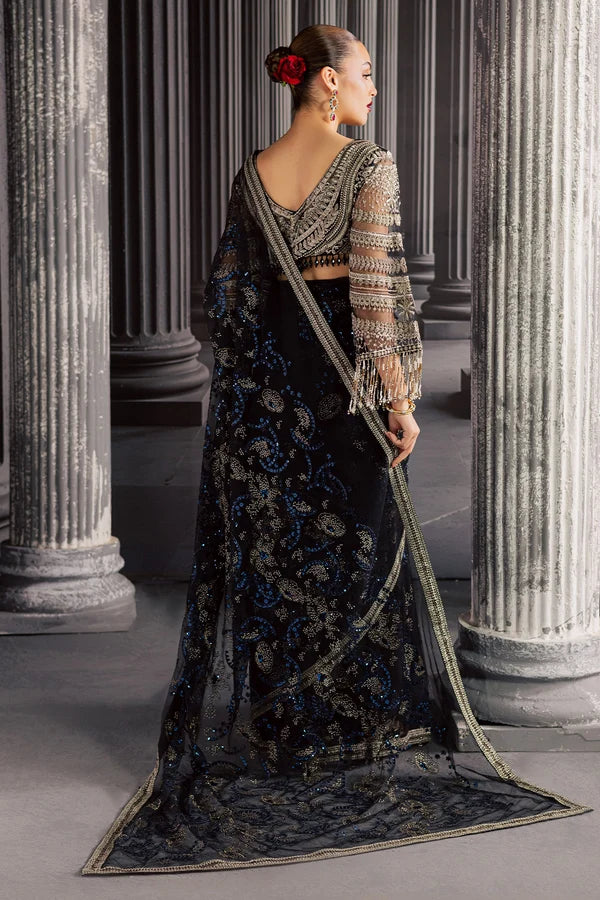 Luxury Hand Embellished Net Saree Style Formal Suit with Raw Silk Trouser
