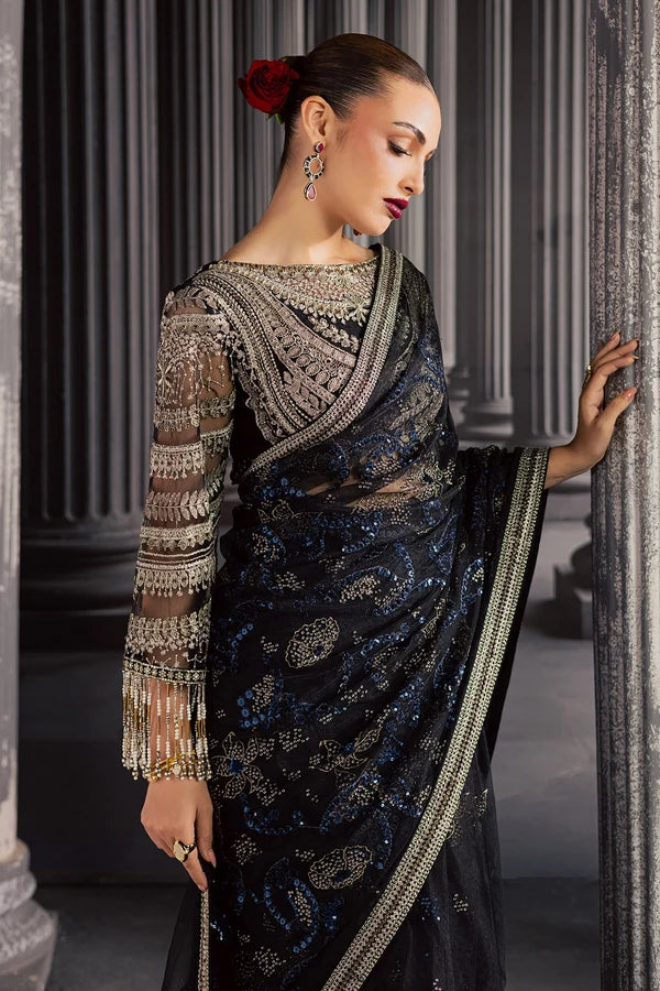 Luxury Hand Embellished Net Saree Style Formal Suit with Raw Silk Trouser