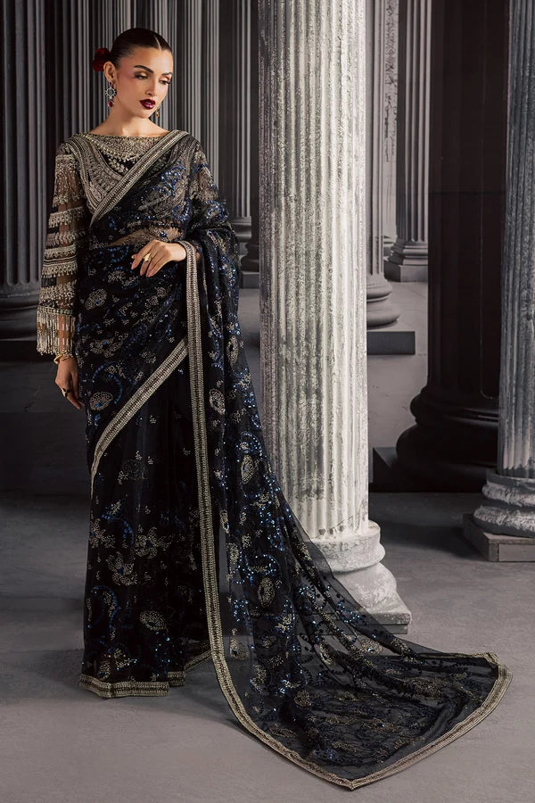 Luxury Hand Embellished Net Saree Style Formal Suit with Raw Silk Trouser