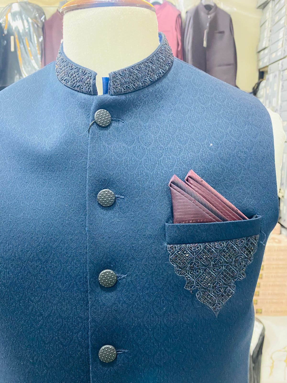 Stylish Blue Waistcoat Men Pakistan | Sherwani Navy Vest (zw5149) | Star Fabrics