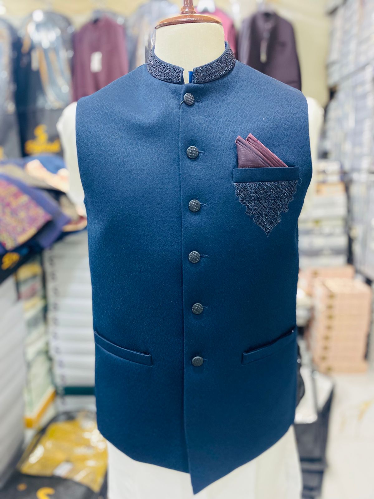 Stylish Blue Waistcoat Men Pakistan | Sherwani Navy Vest (zw5149) | Star Fabrics