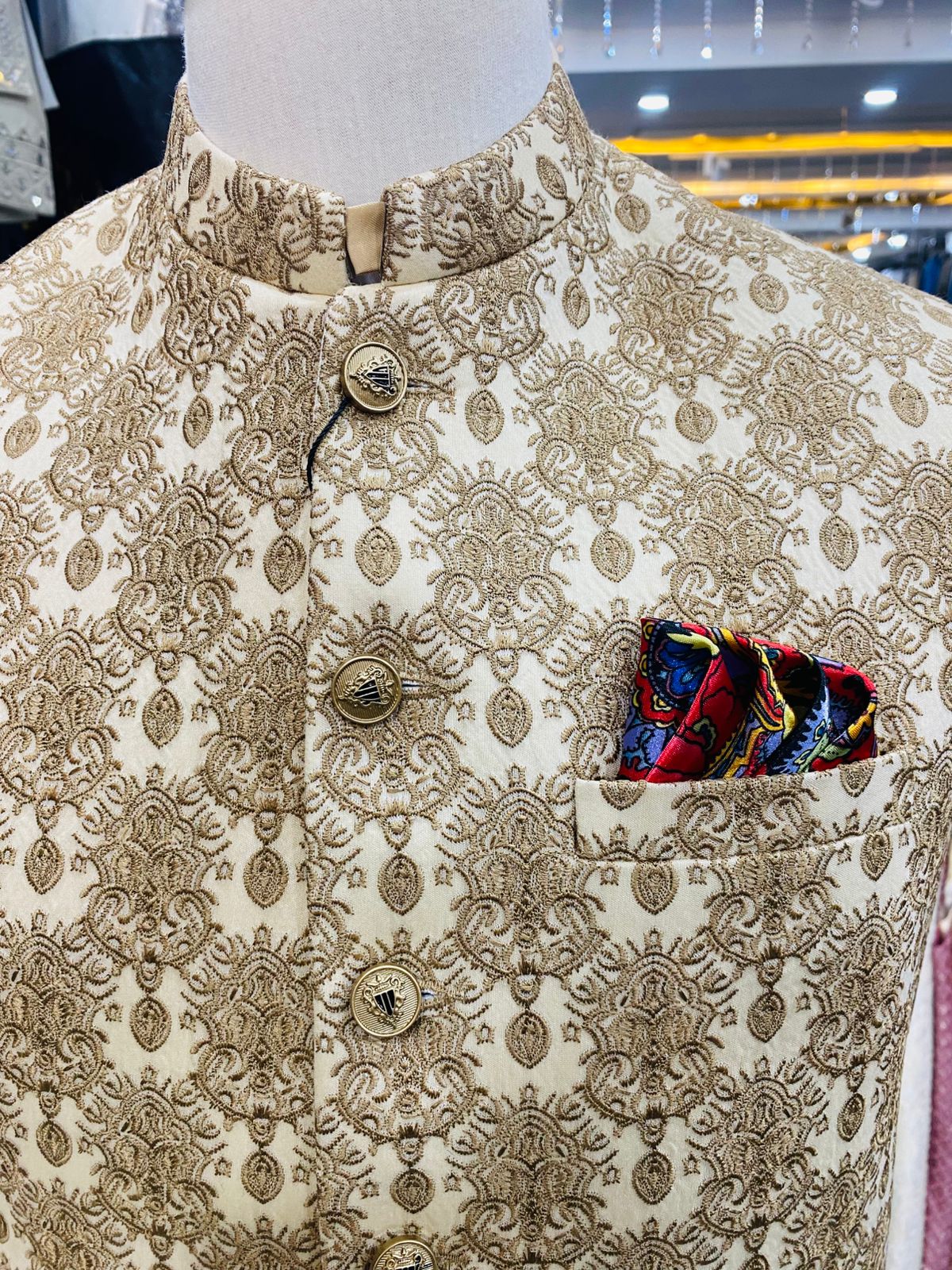 Stylish Gold Waistcoat Men Pakistan | Sherwani Wedding Vest (zw6048) | Star Fabrics