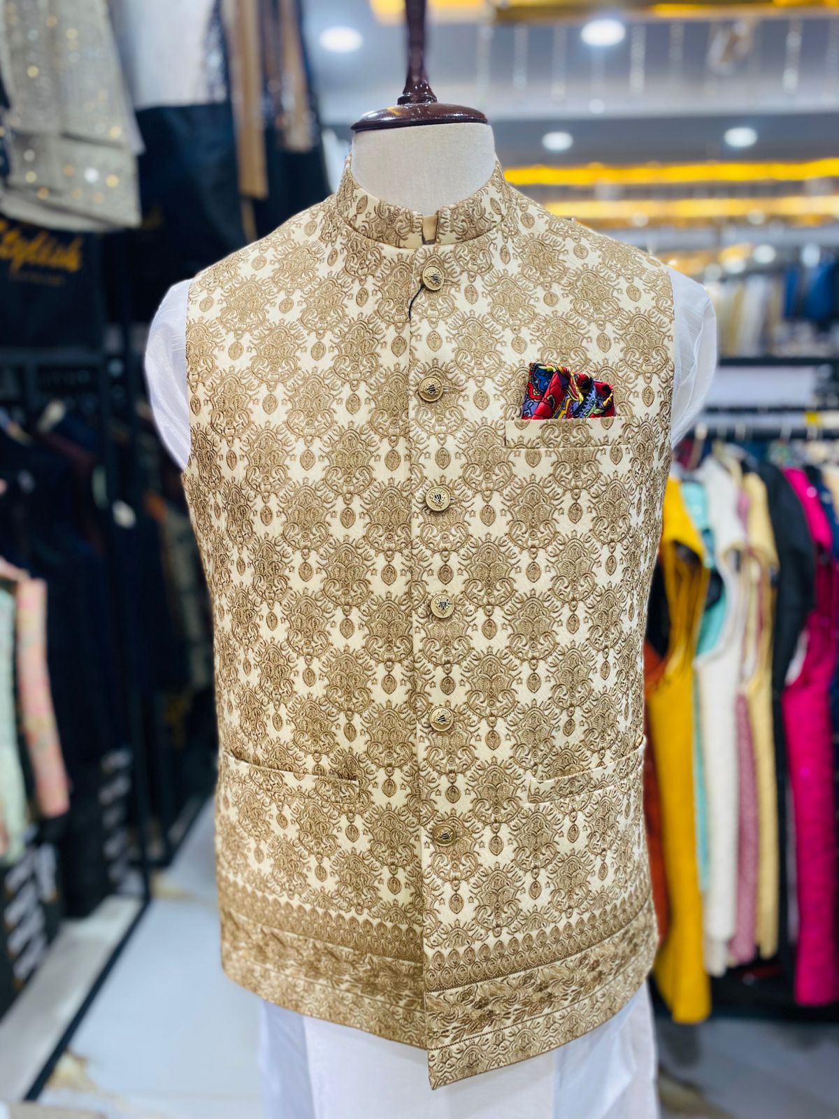 Stylish Gold Waistcoat Men Pakistan | Sherwani Wedding Vest (zw6048) | Star Fabrics