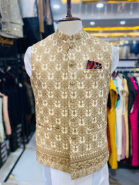 Stylish Gold Waistcoat Men Pakistan | Sherwani Wedding Vest (zw6048) | Star Fabrics