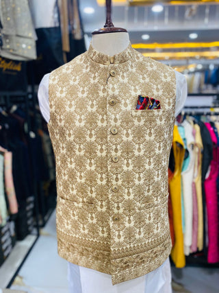 Stylish Gold Waistcoat Men Pakistan | Sherwani Wedding Vest (zw6048) | Star Fabrics
